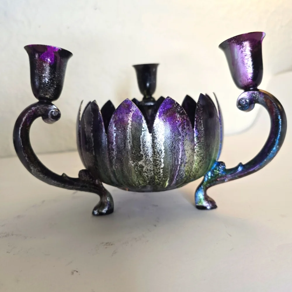 HANDCRAFTED Upcycled 3 Candlestick Holder HANDPAINTED Tabletop Candle Decor